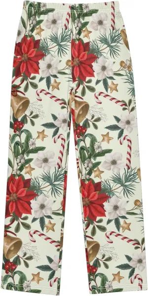 Pigsaly Boys' Pajama Bottoms Christmas Flowers Bells Poinsettia Long Bottoms Botanical Plants Star Jogger Pants S