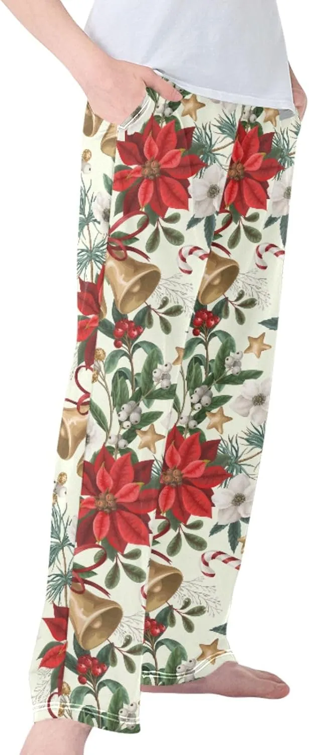Pigsaly Boys' Pajama Bottoms Christmas Flowers Bells Poinsettia Long Bottoms Botanical Plants Star Jogger Pants S