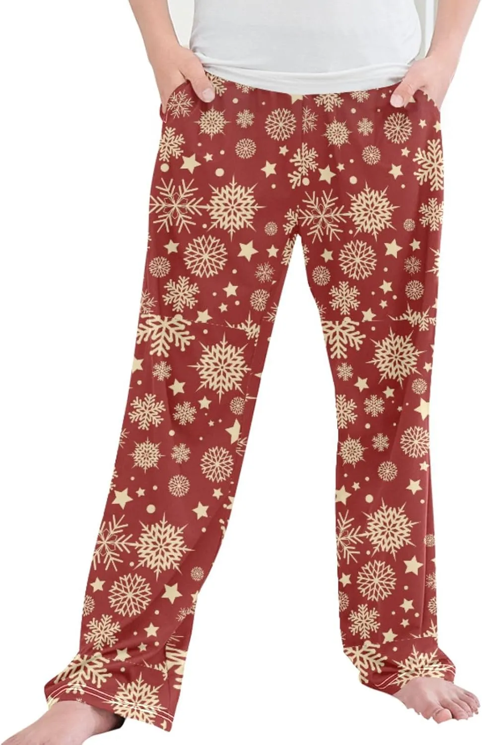 Pigsaly Boys' Pajama Bottoms Christmas Gold Snowflakes Long Bottoms Gold Star Snow Jogger Pants Elastic Waist Trousers S