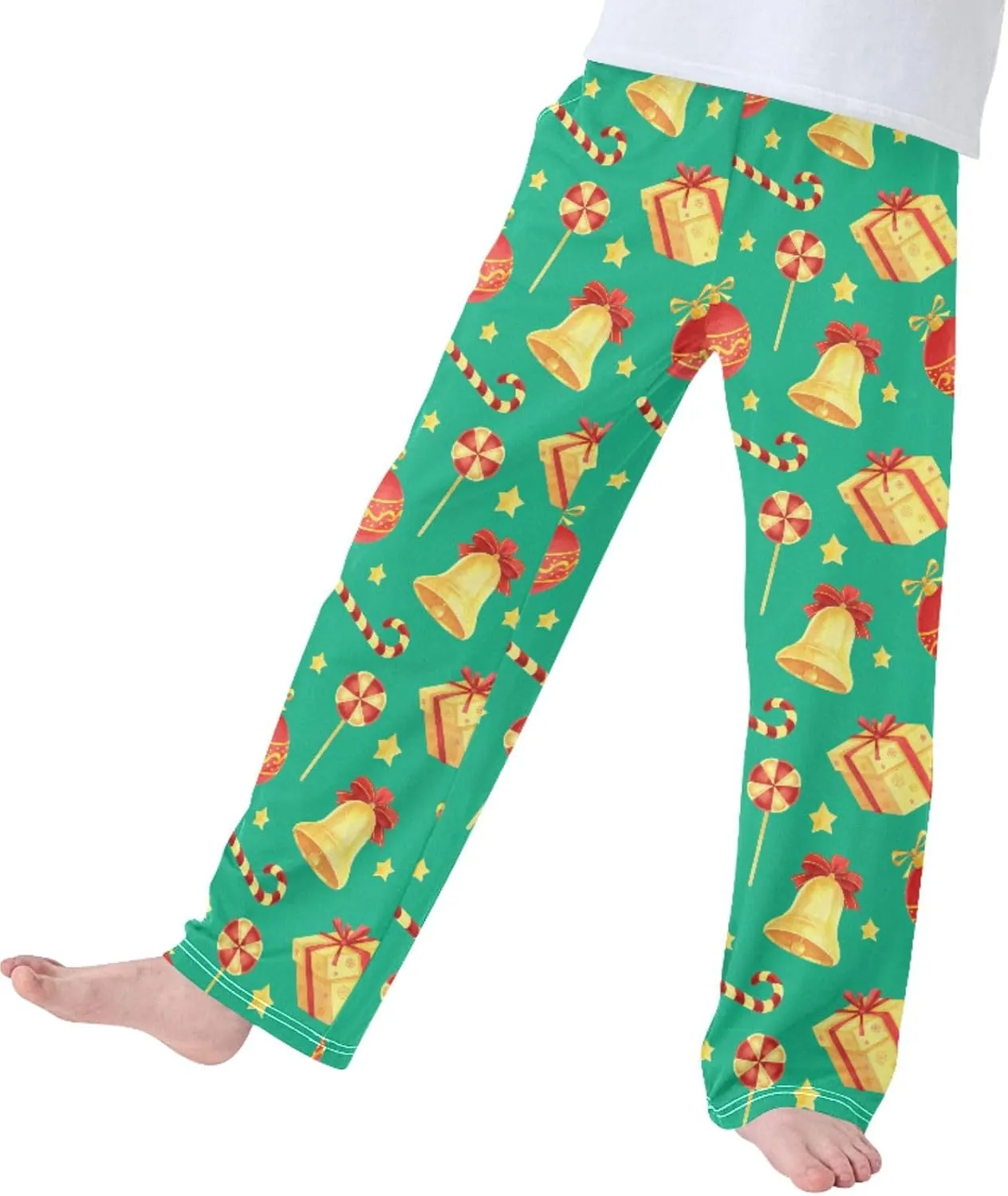 Pigsaly Boys' Pajama Bottoms Christmas Green Jingle Bell Stars Long Bottoms Gold Candy Cane Jogger Pants S