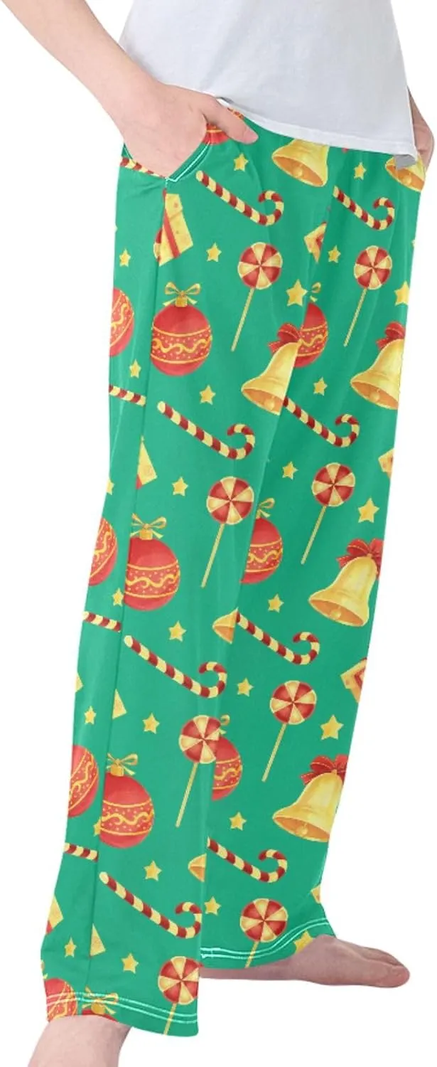 Pigsaly Boys' Pajama Bottoms Christmas Green Jingle Bell Stars Long Bottoms Gold Candy Cane Jogger Pants S