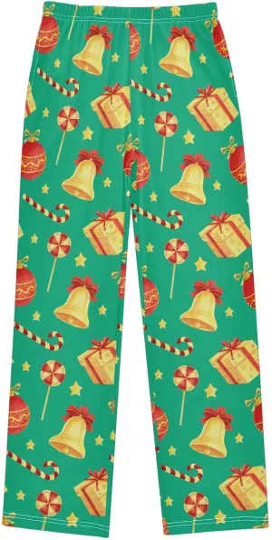 Pigsaly Boys' Pajama Bottoms Christmas Green Jingle Bell Stars Long Bottoms Gold Candy Cane Jogger Pants S