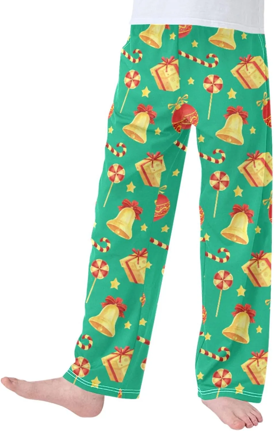 Pigsaly Boys' Pajama Bottoms Christmas Green Jingle Bell Stars Long Bottoms Gold Candy Cane Jogger Pants S