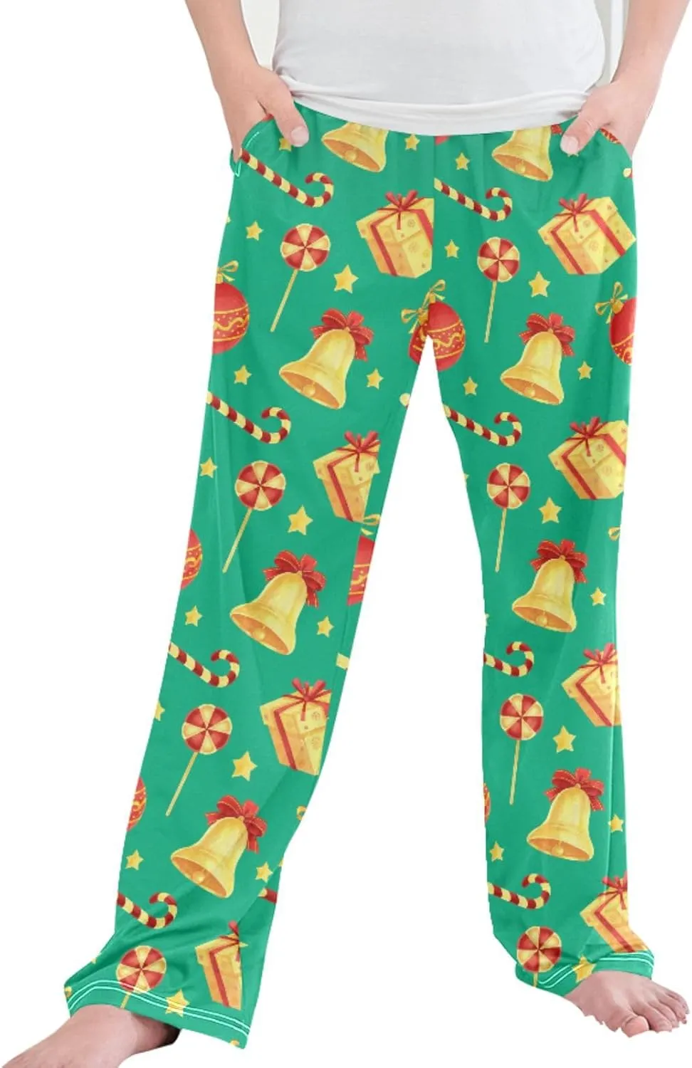 Pigsaly Boys' Pajama Bottoms Christmas Green Jingle Bell Stars Long Bottoms Gold Candy Cane Jogger Pants S