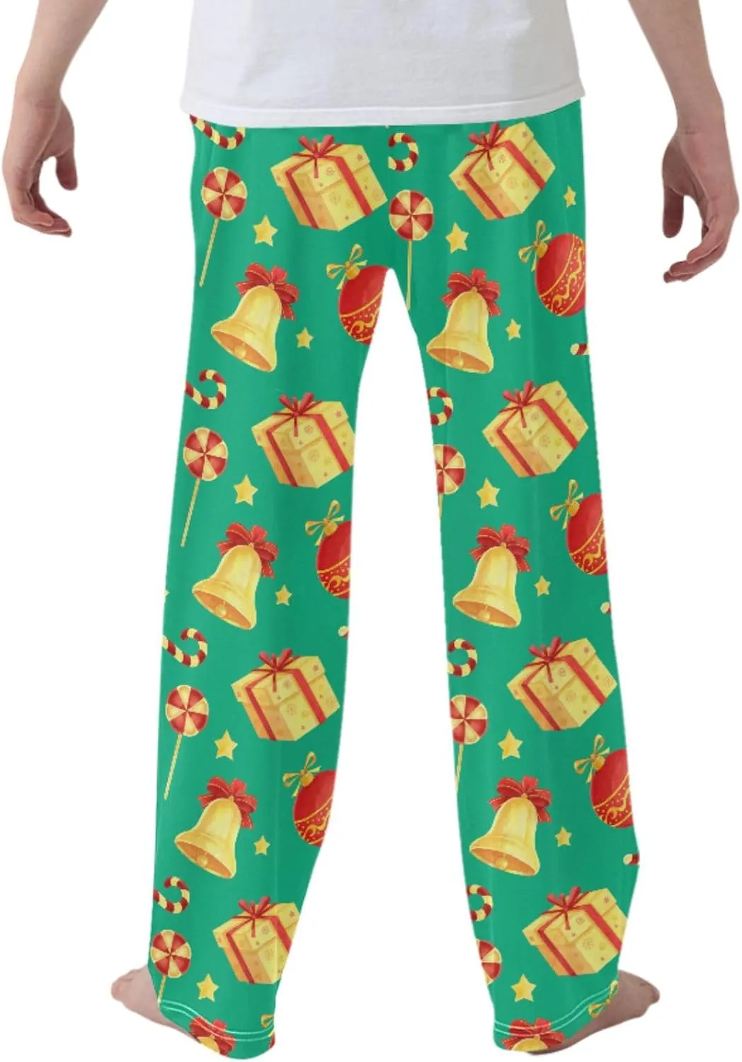 Pigsaly Boys' Pajama Bottoms Christmas Green Jingle Bell Stars Long Bottoms Gold Candy Cane Jogger Pants S