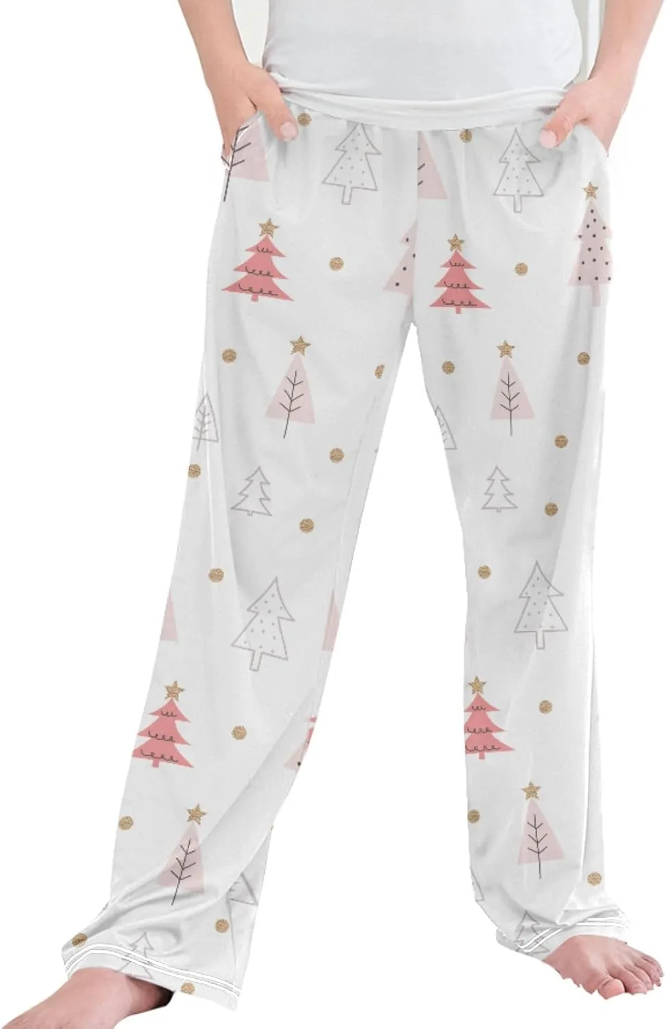 Pigsaly Boys' Pajama Bottoms Christmas Pink Gold Glitter Long Bottoms Xmas Tree Star Jogger Pants Elastic Waist Trousers S