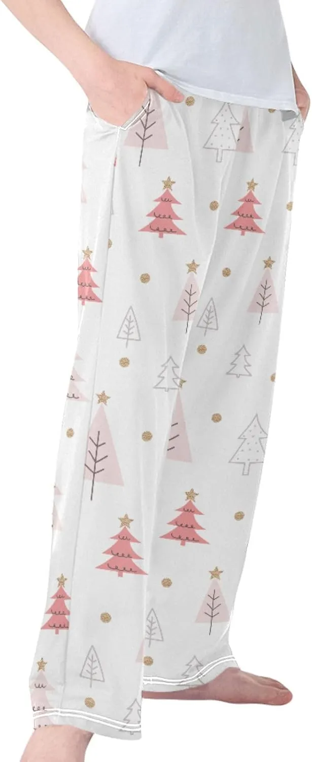 Pigsaly Boys' Pajama Bottoms Christmas Pink Gold Glitter Long Bottoms Xmas Tree Star Jogger Pants Elastic Waist Trousers S
