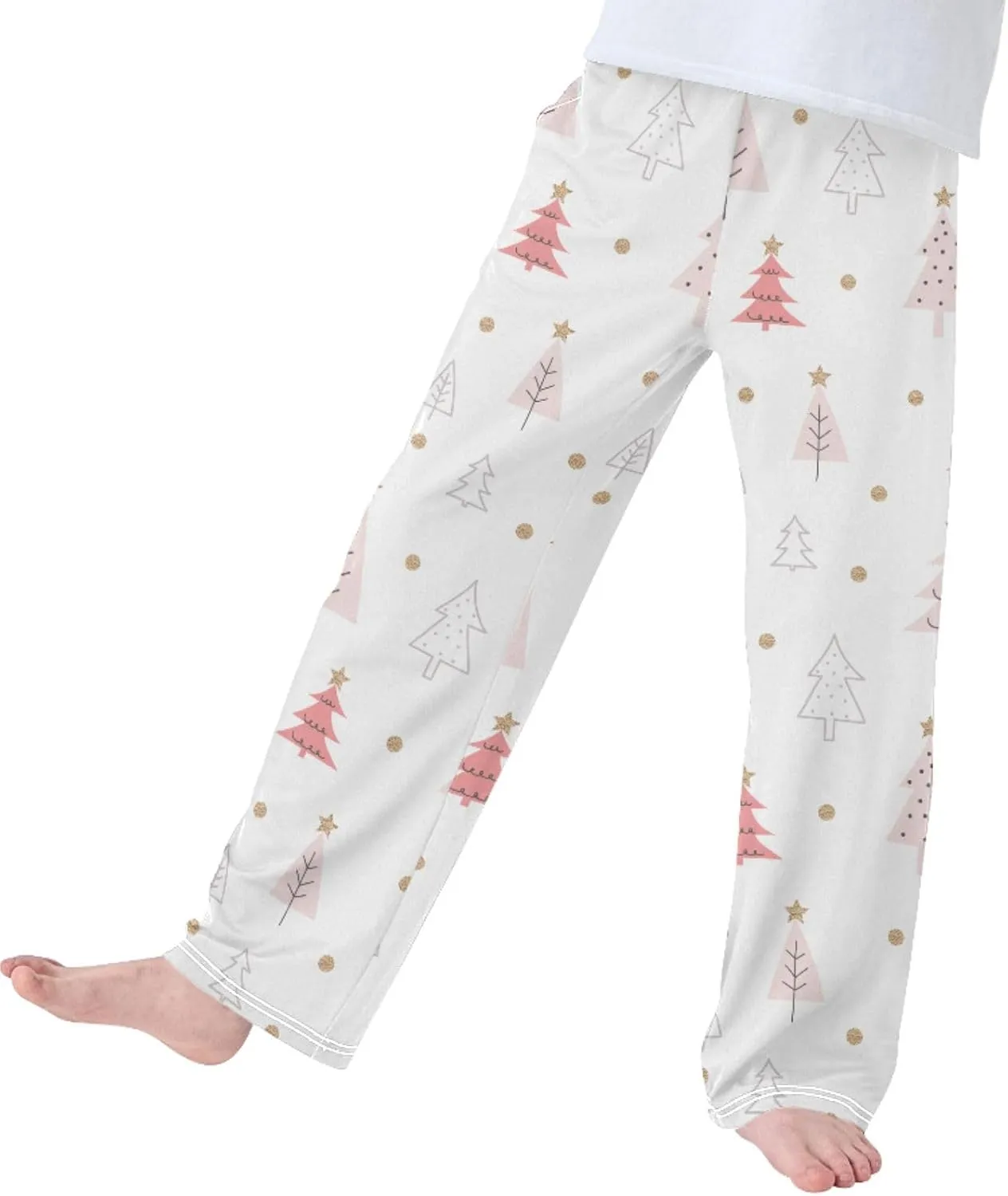 Pigsaly Boys' Pajama Bottoms Christmas Pink Gold Glitter Long Bottoms Xmas Tree Star Jogger Pants Elastic Waist Trousers S