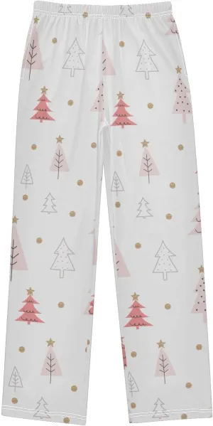 Pigsaly Boys' Pajama Bottoms Christmas Pink Gold Glitter Long Bottoms Xmas Tree Star Jogger Pants Elastic Waist Trousers S