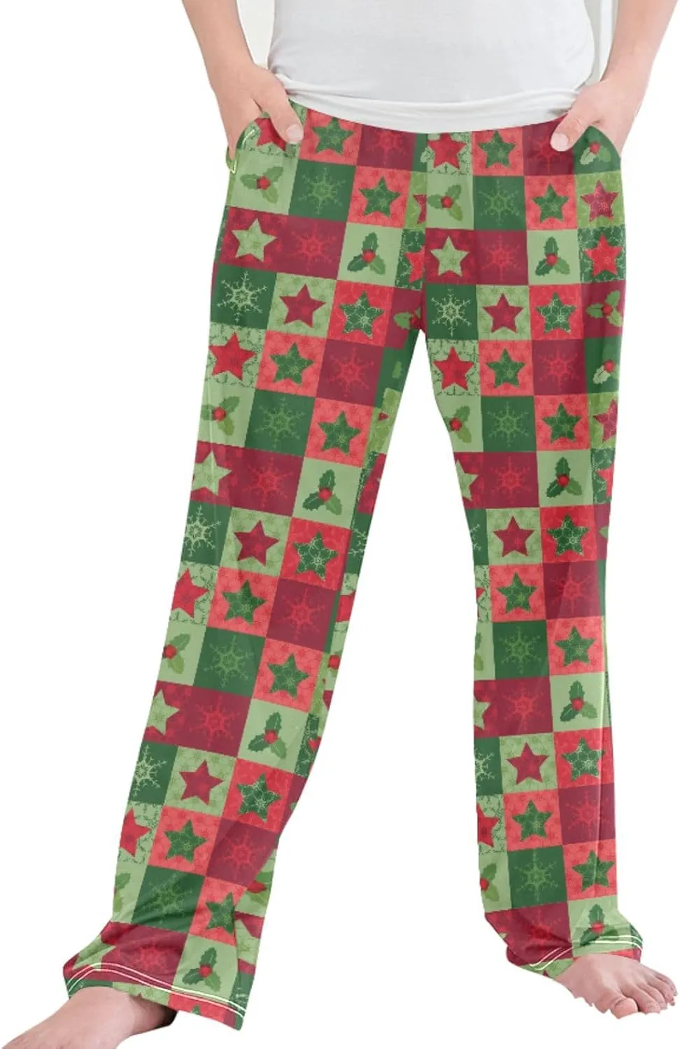 Pigsaly Boys' Pajama Bottoms Christmas Snowflake Long Bottoms Red Green Holly Star Jogger Pants Elastic Waist Trousers S