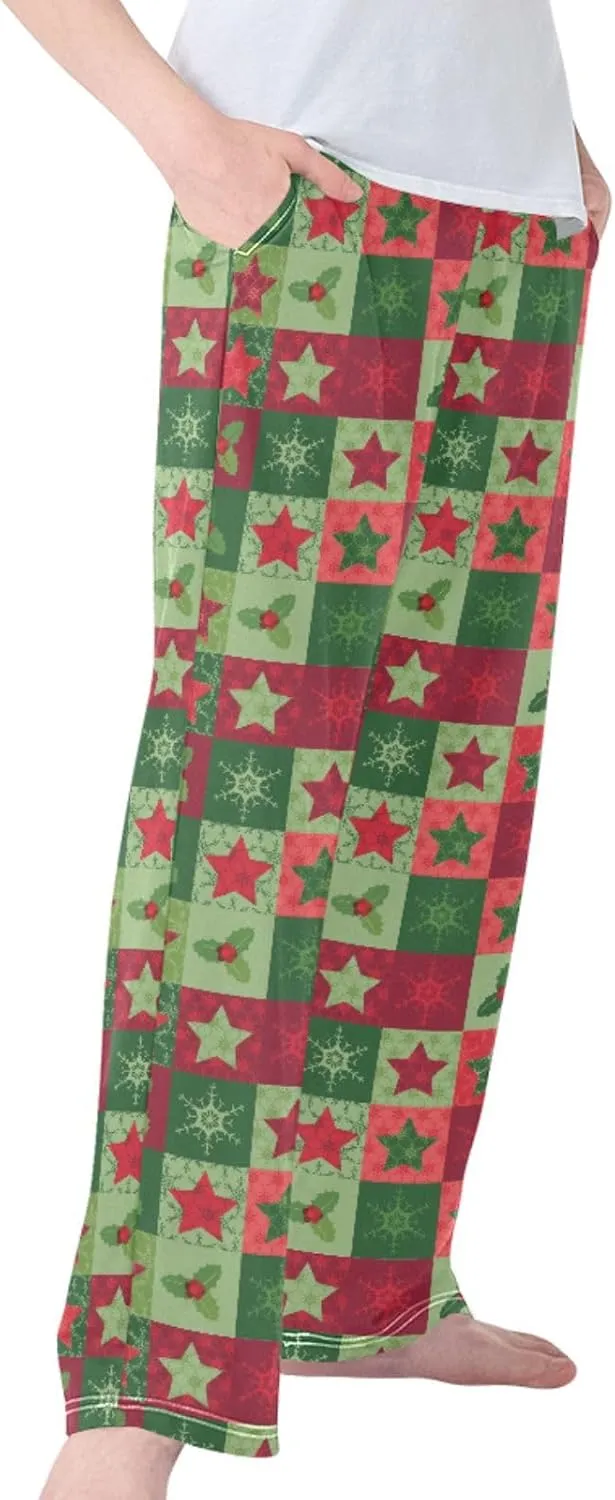 Pigsaly Boys' Pajama Bottoms Christmas Snowflake Long Bottoms Red Green Holly Star Jogger Pants Elastic Waist Trousers S