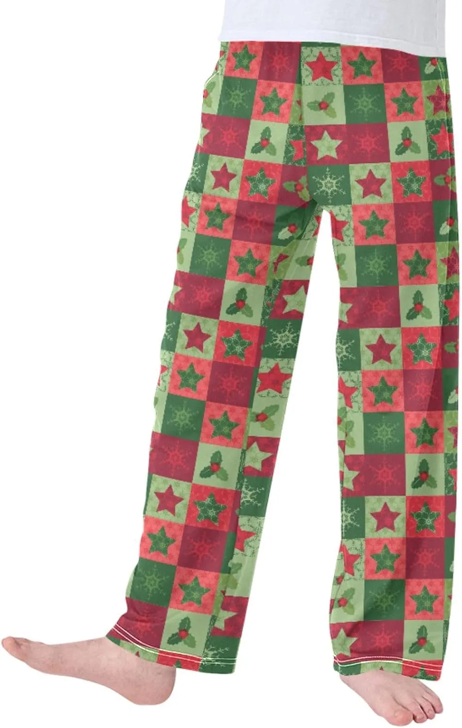 Pigsaly Boys' Pajama Bottoms Christmas Snowflake Long Bottoms Red Green Holly Star Jogger Pants Elastic Waist Trousers S