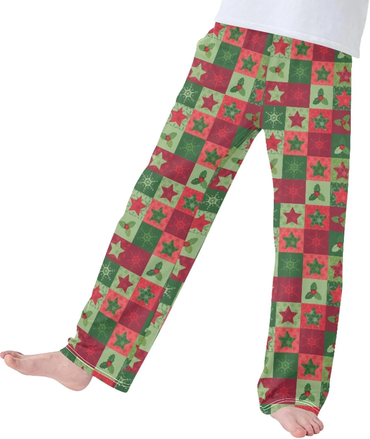 Pigsaly Boys' Pajama Bottoms Christmas Snowflake Long Bottoms Red Green Holly Star Jogger Pants Elastic Waist Trousers S