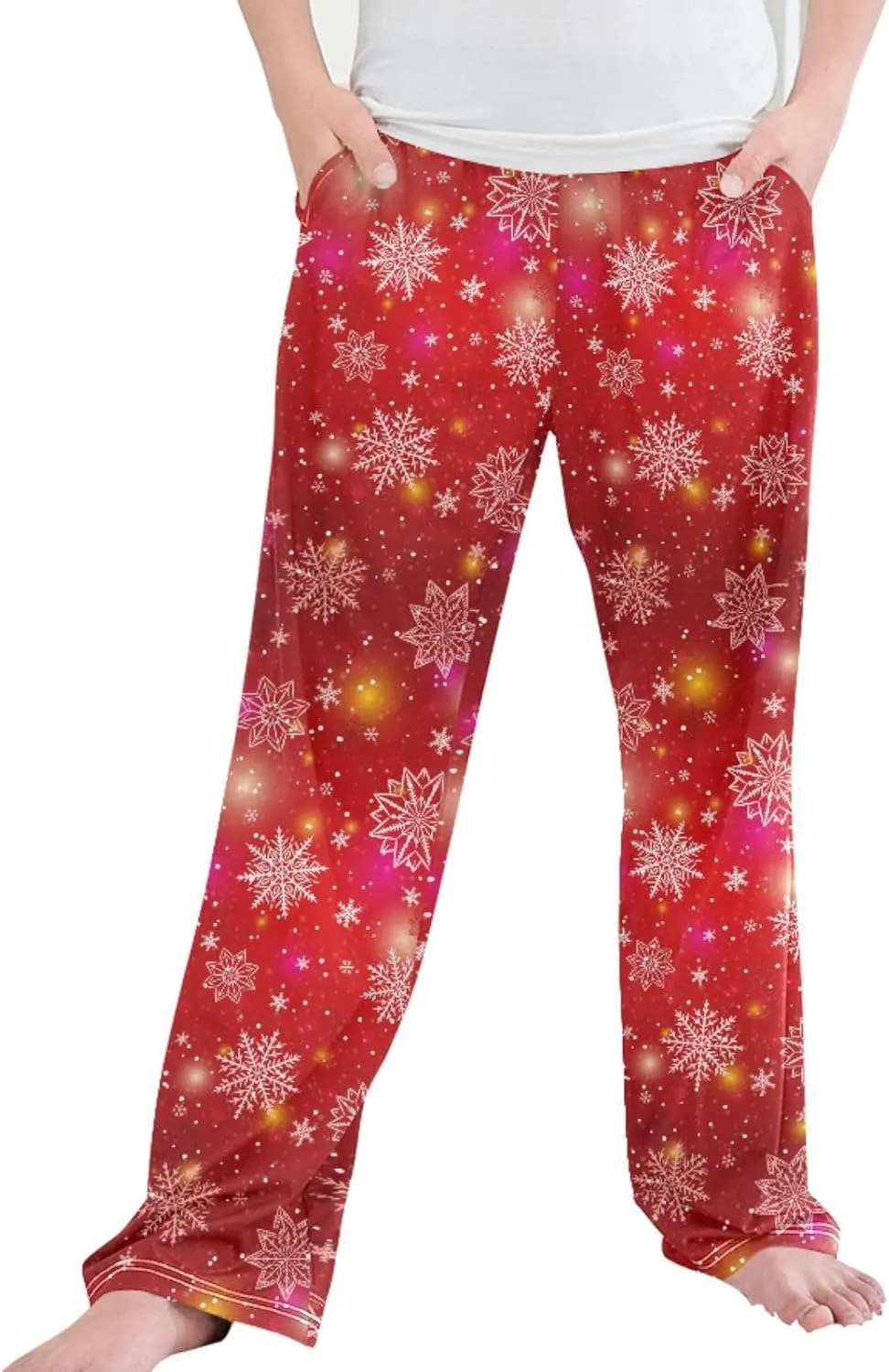 Pigsaly Boys' Pajama Bottoms Christmas Snowflakes Long Bottoms Red Gold Stars Jogger Pants Elastic Waist Trousers Pockets S