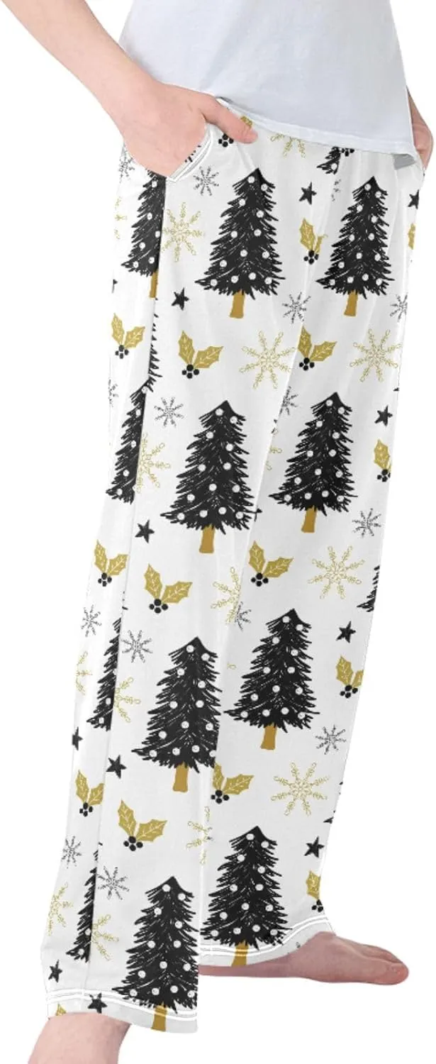 Pigsaly Boys' Pajama Bottoms Christmas Tree Holly Snow Long Bottoms Gold Snowflake Stars Jogger Pants S