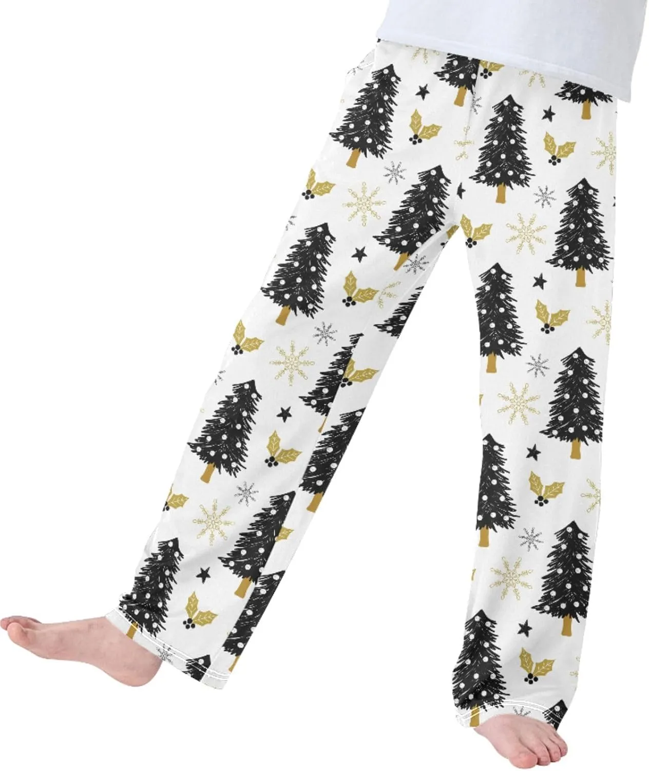 Pigsaly Boys' Pajama Bottoms Christmas Tree Holly Snow Long Bottoms Gold Snowflake Stars Jogger Pants S
