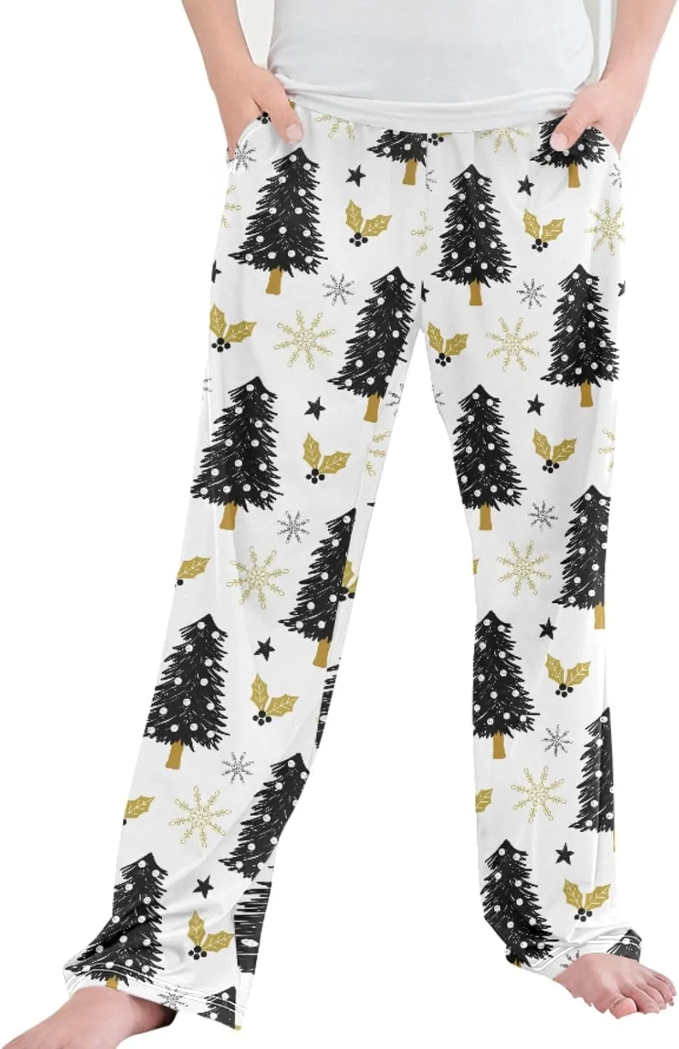 Pigsaly Boys' Pajama Bottoms Christmas Tree Holly Snow Long Bottoms Gold Snowflake Stars Jogger Pants S