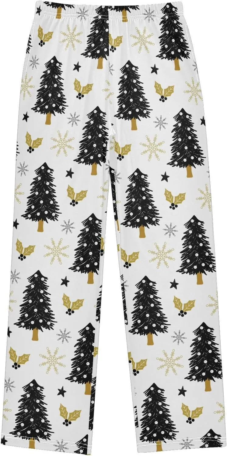 Pigsaly Boys' Pajama Bottoms Christmas Tree Holly Snow Long Bottoms Gold Snowflake Stars Jogger Pants S