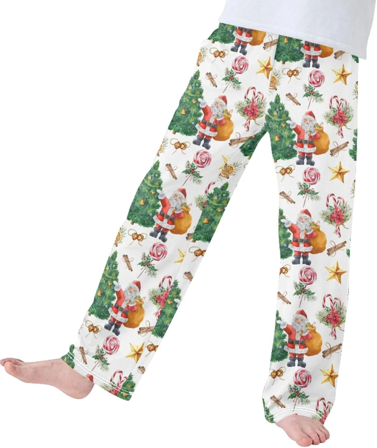 Pigsaly Boys' Pajama Bottoms Christmas Tree Santa Star Long Bottoms Watercolor Candy Bells Jogger Pants S