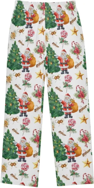 Pigsaly Boys' Pajama Bottoms Christmas Tree Santa Star Long Bottoms Watercolor Candy Bells Jogger Pants S