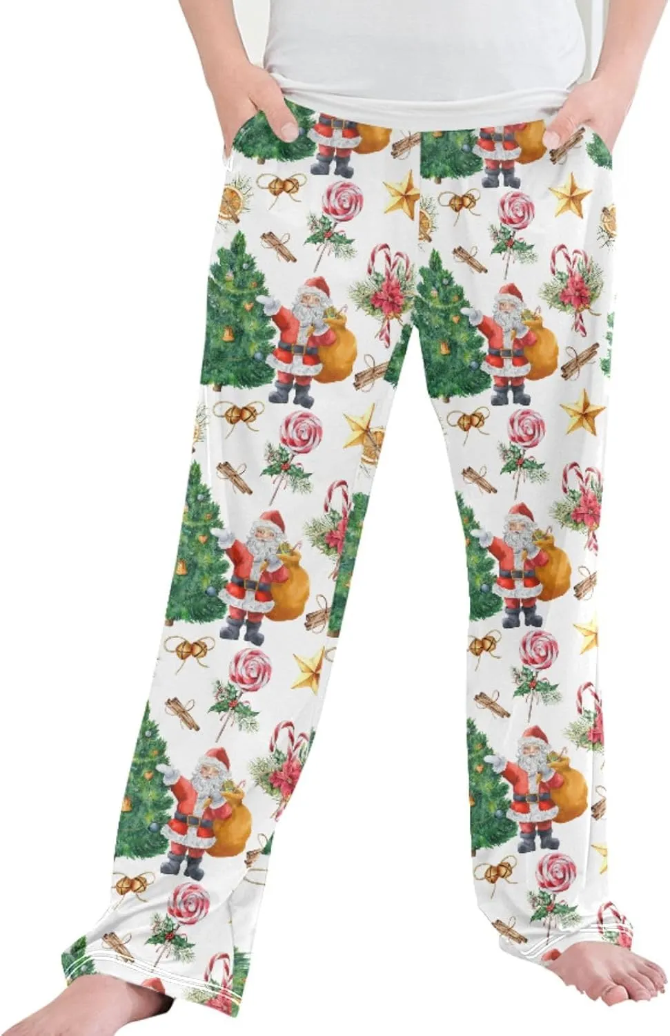 Pigsaly Boys' Pajama Bottoms Christmas Tree Santa Star Long Bottoms Watercolor Candy Bells Jogger Pants S