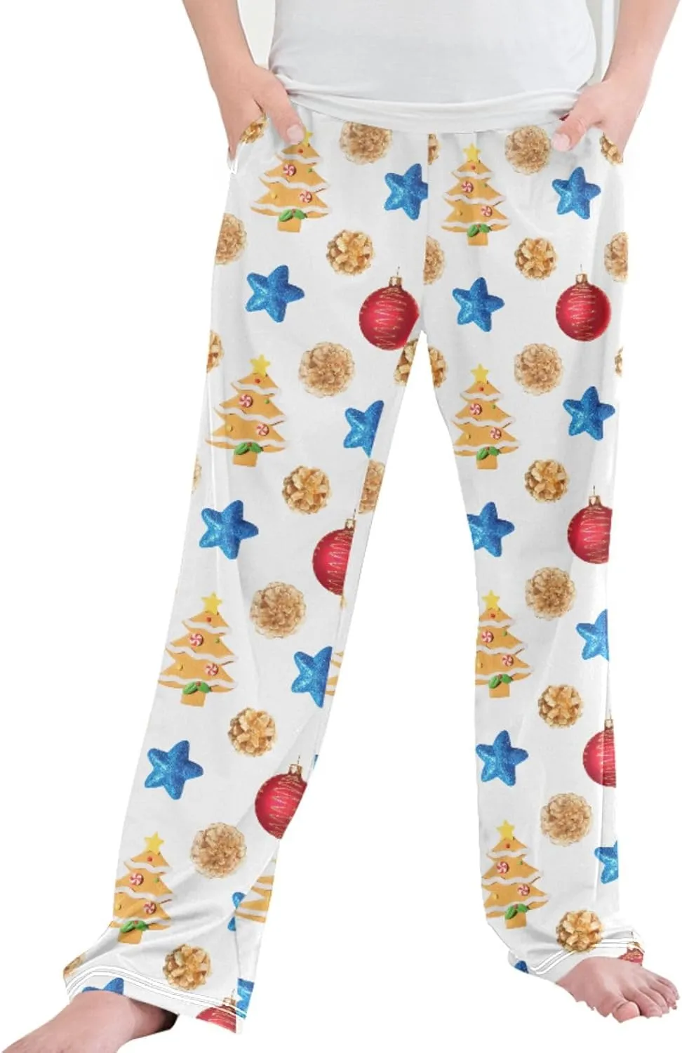 Pigsaly Boys' Pajama Bottoms New Year's Christmas Tree Long Bottoms Cookies Red Balls Blue Stars Jogger Pants S