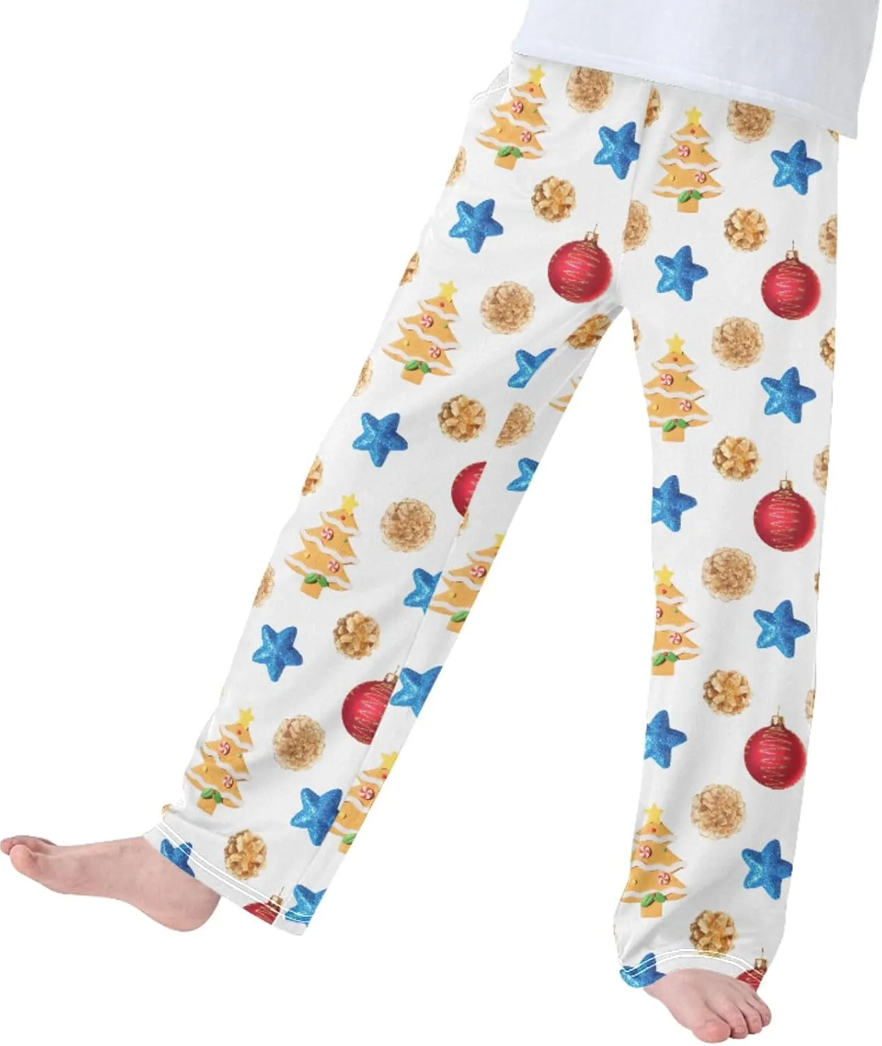 Pigsaly Boys' Pajama Bottoms New Year's Christmas Tree Long Bottoms Cookies Red Balls Blue Stars Jogger Pants S