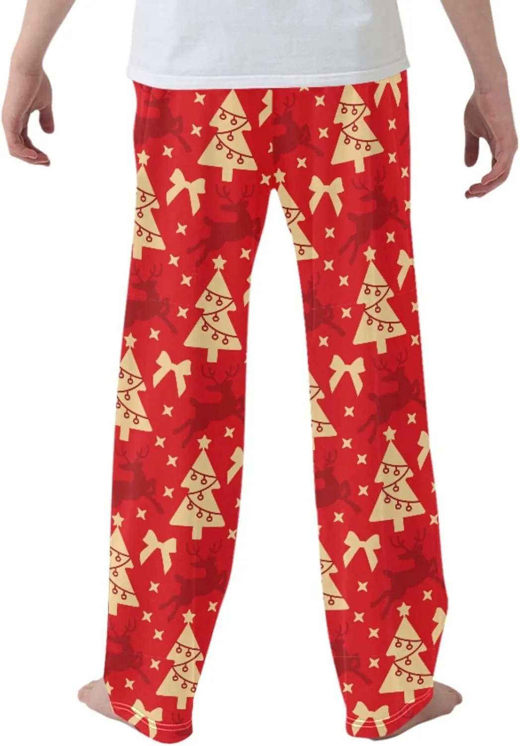 Pigsaly Boys' Pajama Bottoms Red Christmas Deer Long Bottoms Gold Xmas Tree Star Jogger Pants Elastic Waist Trousers S