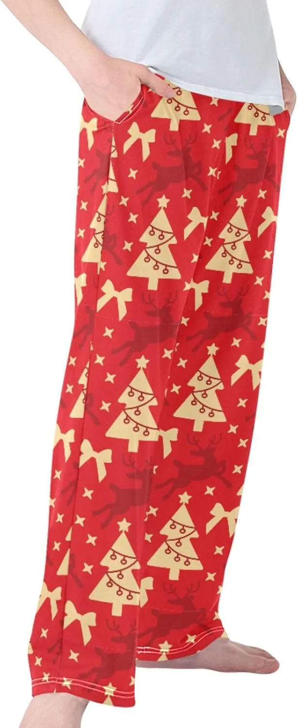 Pigsaly Boys' Pajama Bottoms Red Christmas Deer Long Bottoms Gold Xmas Tree Star Jogger Pants Elastic Waist Trousers S