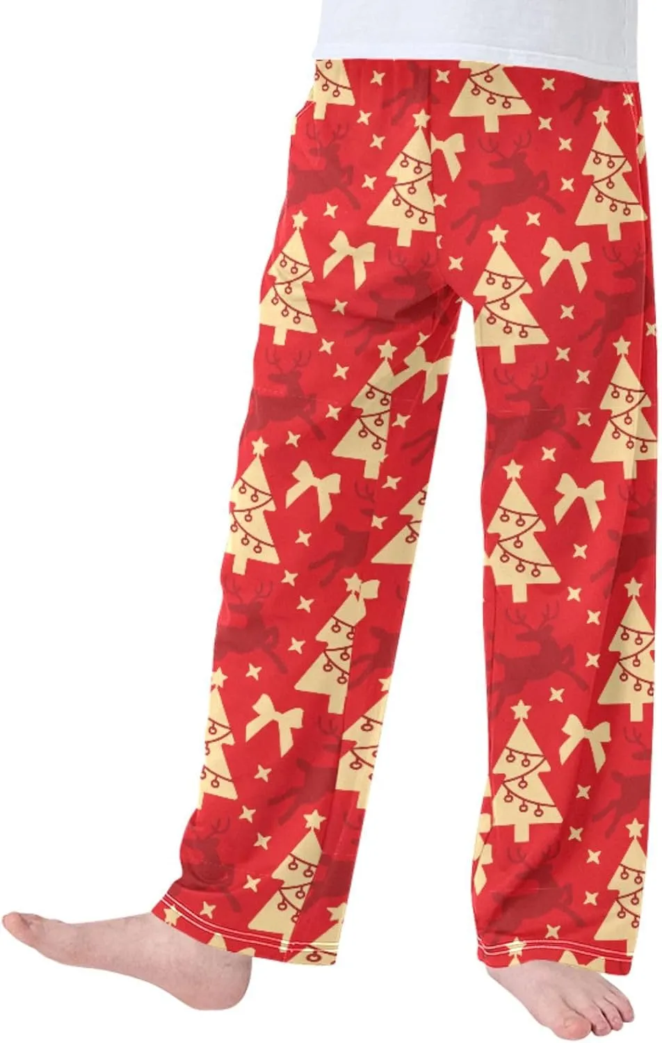 Pigsaly Boys' Pajama Bottoms Red Christmas Deer Long Bottoms Gold Xmas Tree Star Jogger Pants Elastic Waist Trousers S