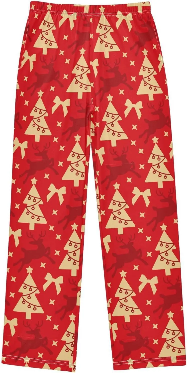 Pigsaly Boys' Pajama Bottoms Red Christmas Deer Long Bottoms Gold Xmas Tree Star Jogger Pants Elastic Waist Trousers S