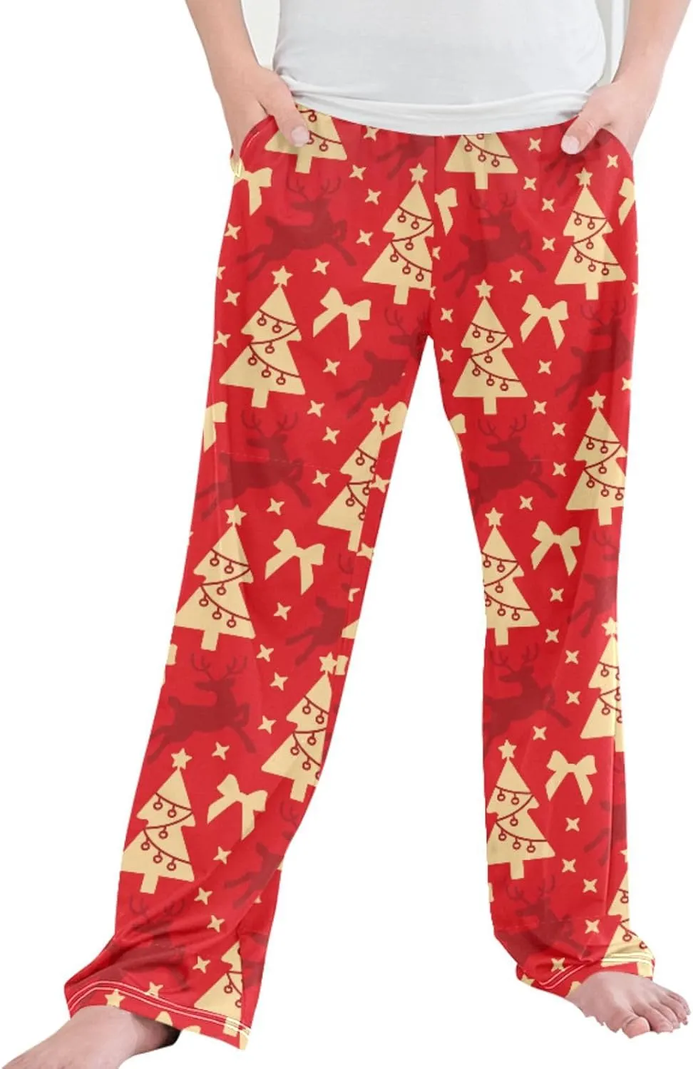 Pigsaly Boys' Pajama Bottoms Red Christmas Deer Long Bottoms Gold Xmas Tree Star Jogger Pants Elastic Waist Trousers S