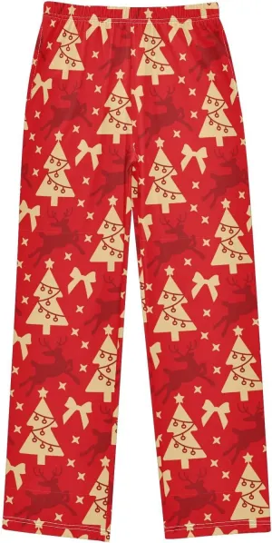 Pigsaly Boys' Pajama Bottoms Red Christmas Deer Long Bottoms Gold Xmas Tree Star Jogger Pants Elastic Waist Trousers S