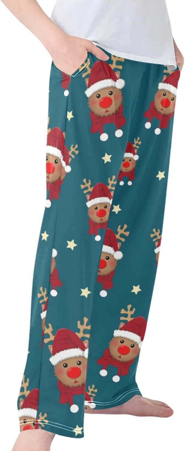 Pigsaly Boys' Pajama Bottoms Red Reindeer Santa Long Bottoms Christmas Scarf Star Jogger Pants Elastic Waist Trousers S
