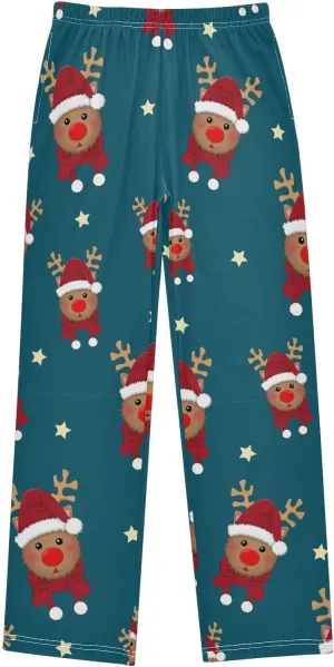Pigsaly Boys' Pajama Bottoms Red Reindeer Santa Long Bottoms Christmas Scarf Star Jogger Pants Elastic Waist Trousers S