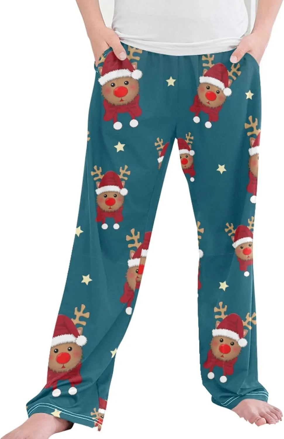 Pigsaly Boys' Pajama Bottoms Red Reindeer Santa Long Bottoms Christmas Scarf Star Jogger Pants Elastic Waist Trousers S