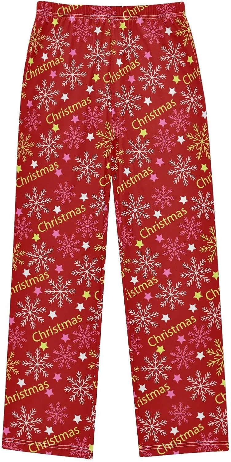 Pigsaly Boys' Pajama Bottoms Snowflakes Letters Stars Long Bottoms Red Snowflake Jogger Pants Elastic Waist Trousers S