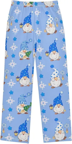 Pigsaly Boys' Pajama Bottoms Watercolor Christmas Gnomes Long Bottoms Blue Snowflake Star Jogger Pants S