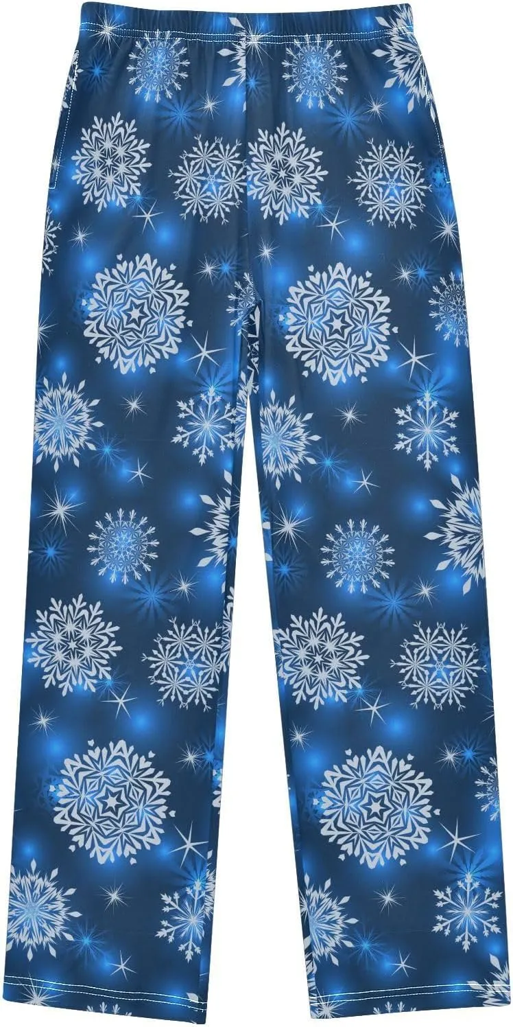 Pigsaly Boys' Pajama Bottoms Winter White Snowflake Long Bottoms Geometric Star Jogger Pants Elastic Waist Trousers S