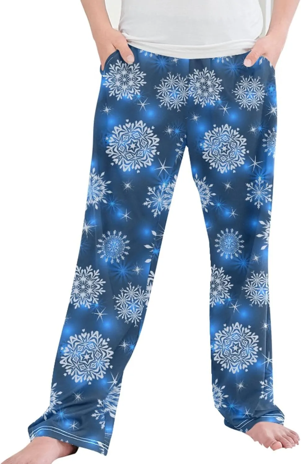 Pigsaly Boys' Pajama Bottoms Winter White Snowflake Long Bottoms Geometric Star Jogger Pants Elastic Waist Trousers S