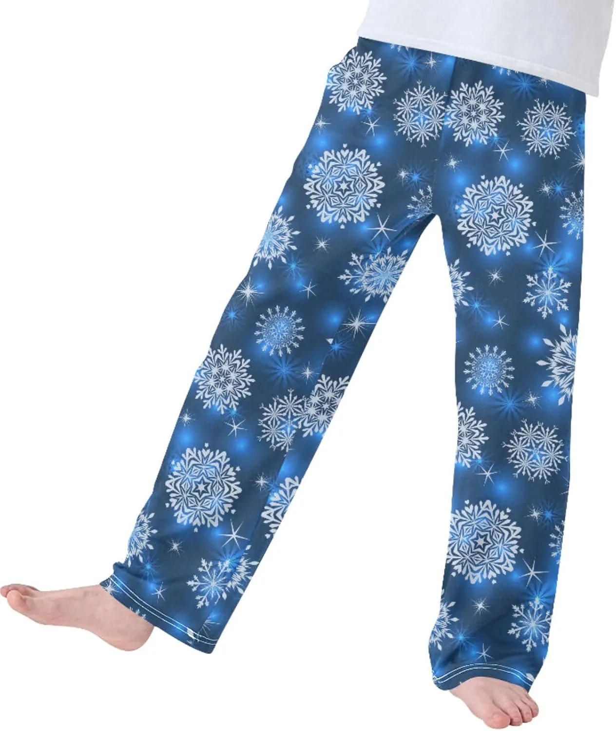 Pigsaly Boys' Pajama Bottoms Winter White Snowflake Long Bottoms Geometric Star Jogger Pants Elastic Waist Trousers S