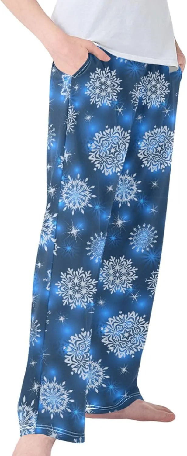 Pigsaly Boys' Pajama Bottoms Winter White Snowflake Long Bottoms Geometric Star Jogger Pants Elastic Waist Trousers S