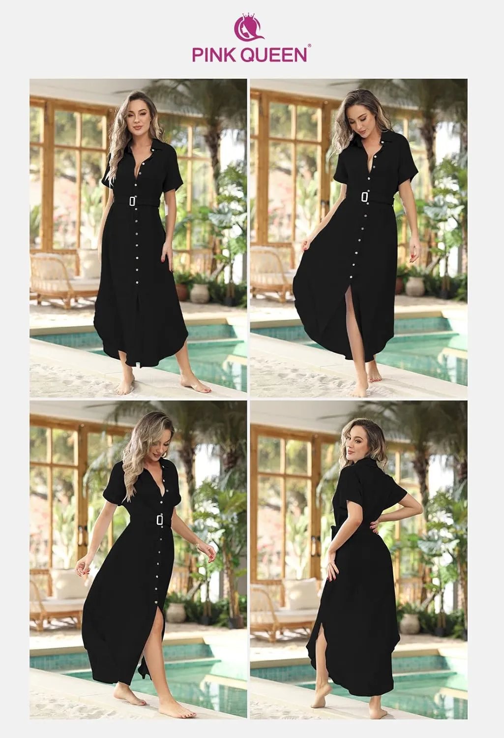 Pink Queen Women's Short Sleeve Button Down Side Slit Maxi Long Swimsuit Cover Up Blouse Dress with Belt