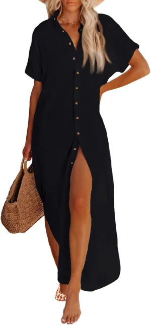 Pink Queen Women's Short Sleeve Button Down Side Slit Maxi Long Swimsuit Cover Up Blouse Dress with Belt