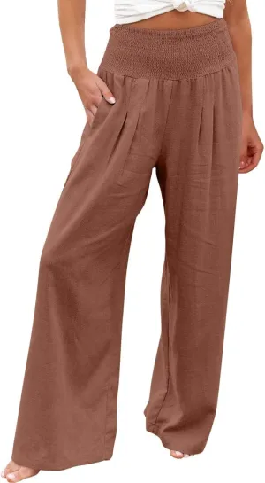 Plus Size Cotton Linen Pants for Women Casual Elastic High Waist Wide Leg Pants 2025 Summer Fashion Trousers with Pockets
