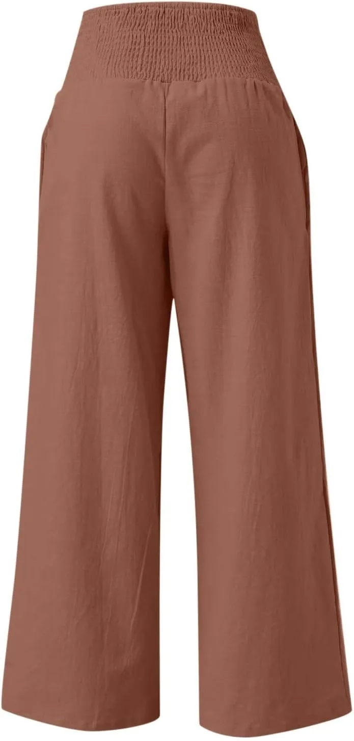Plus Size Cotton Linen Pants for Women Casual Elastic High Waist Wide Leg Pants 2025 Summer Fashion Trousers with Pockets