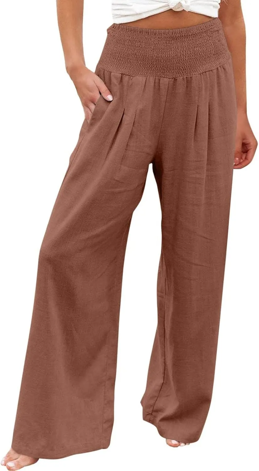 Plus Size Cotton Linen Pants for Women Casual Elastic High Waist Wide Leg Pants 2025 Summer Fashion Trousers with Pockets