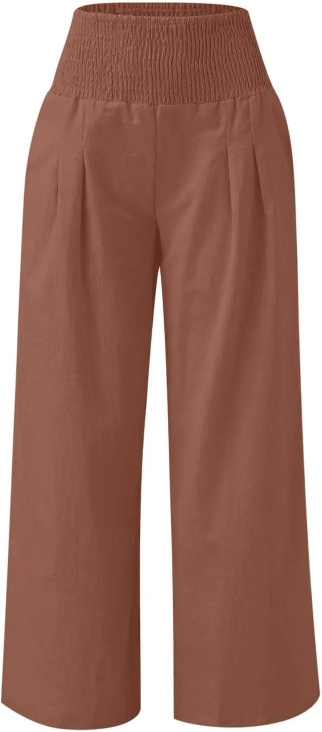 Plus Size Cotton Linen Pants for Women Casual Elastic High Waist Wide Leg Pants 2025 Summer Fashion Trousers with Pockets