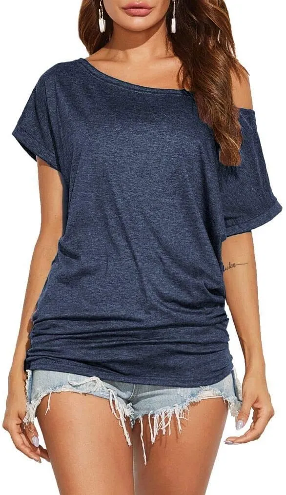 Poetsky Women's Summer Off Shoulder Shirts Casual Loose Short Sleeve Tunics Tops