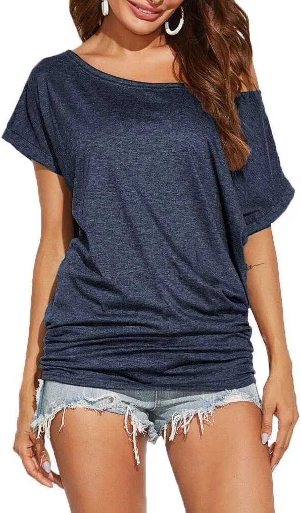 Poetsky Women's Summer Off Shoulder Shirts Casual Loose Short Sleeve Tunics Tops